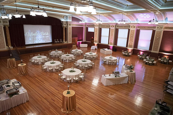Ballroom, set up for an event
